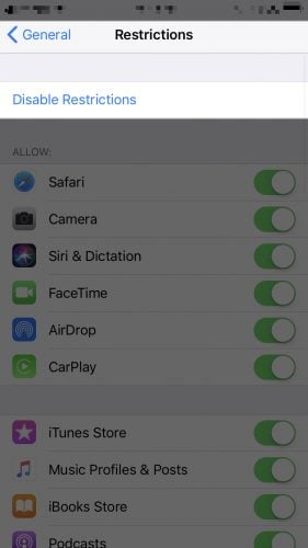 tap on disable restrictions