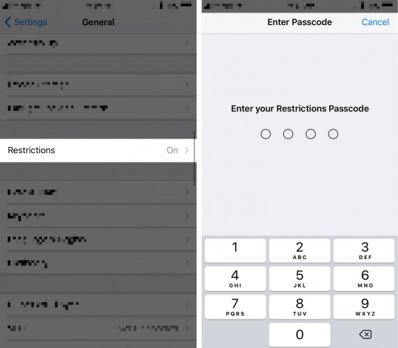 tap restrictions and restrictions passcode