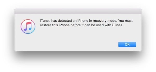 iTunes ha detectado un iPhone en el modo de recuperación.