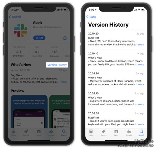 comprobar el historial de versiones de la aplicación iphone