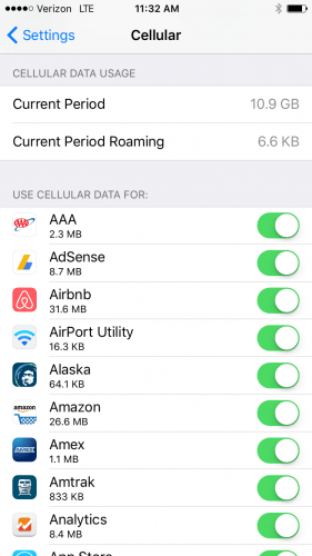 settings -> cellular