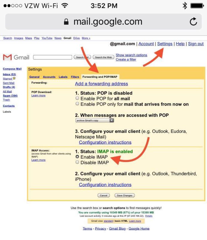 mobile email settings for gmail