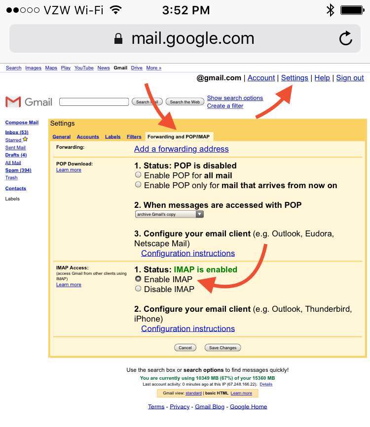 Enable IMAP Gmail iPhone