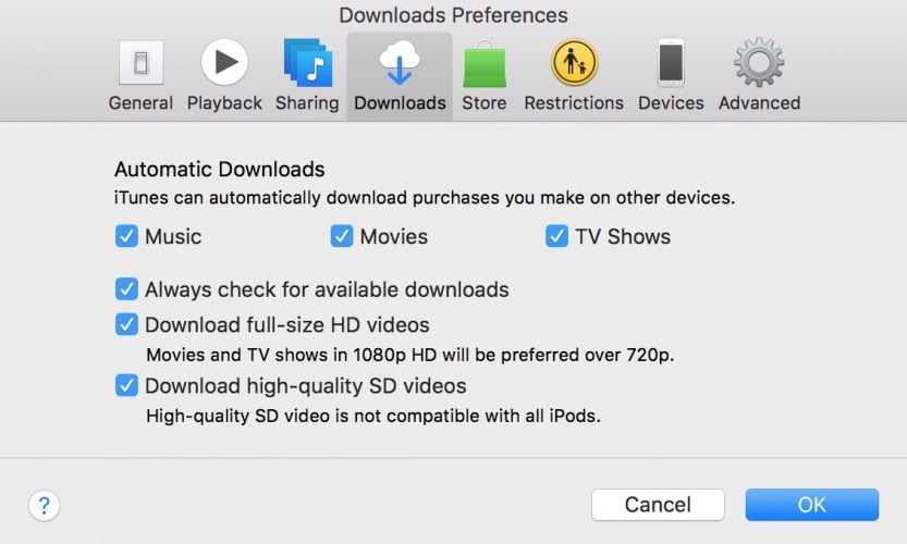 set download preferences in itunes