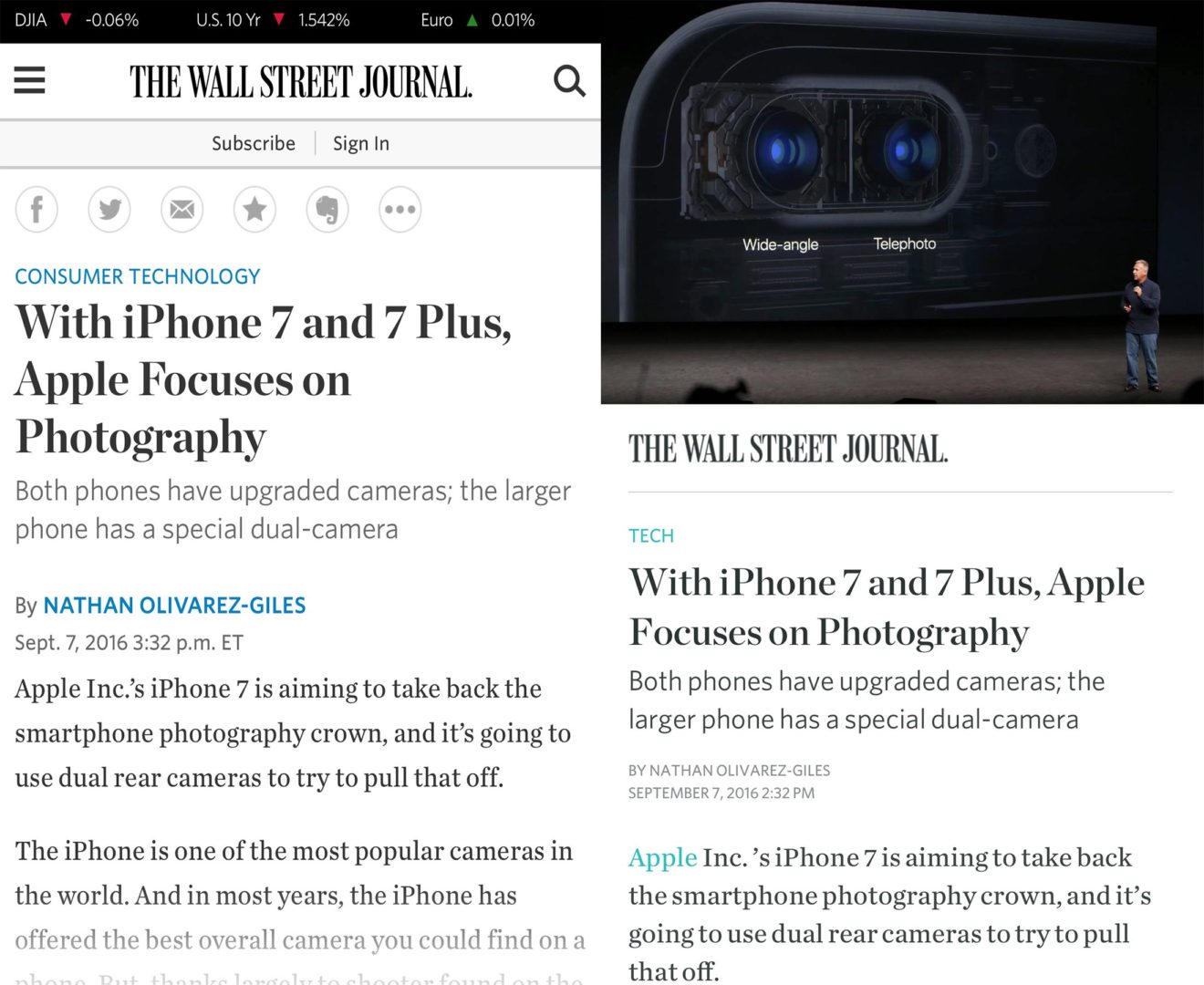 Comparing AMP to traditional mobile web with The Wall Street Journal.