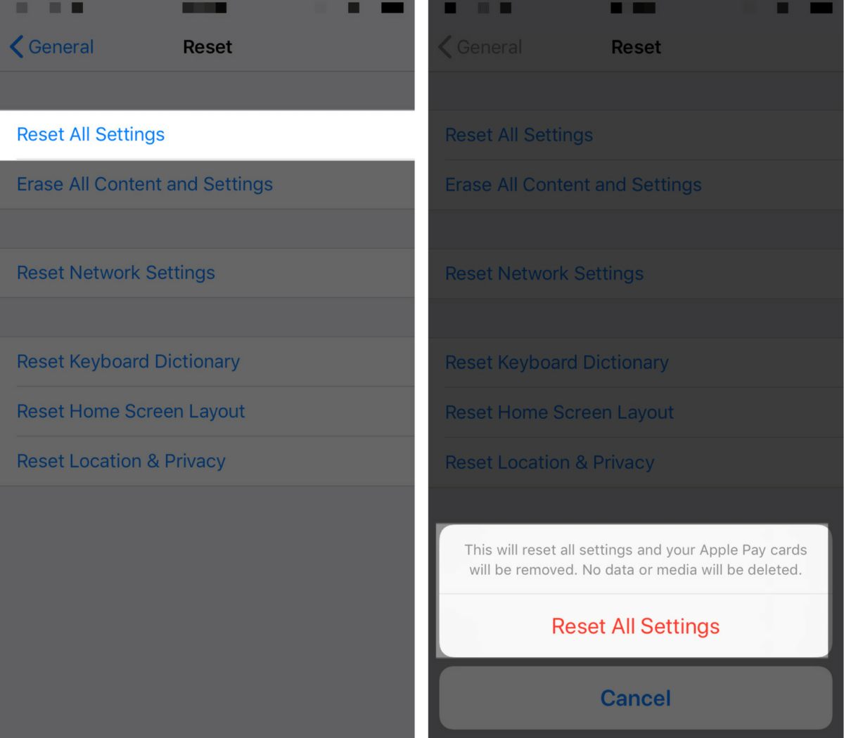 Reset all settings