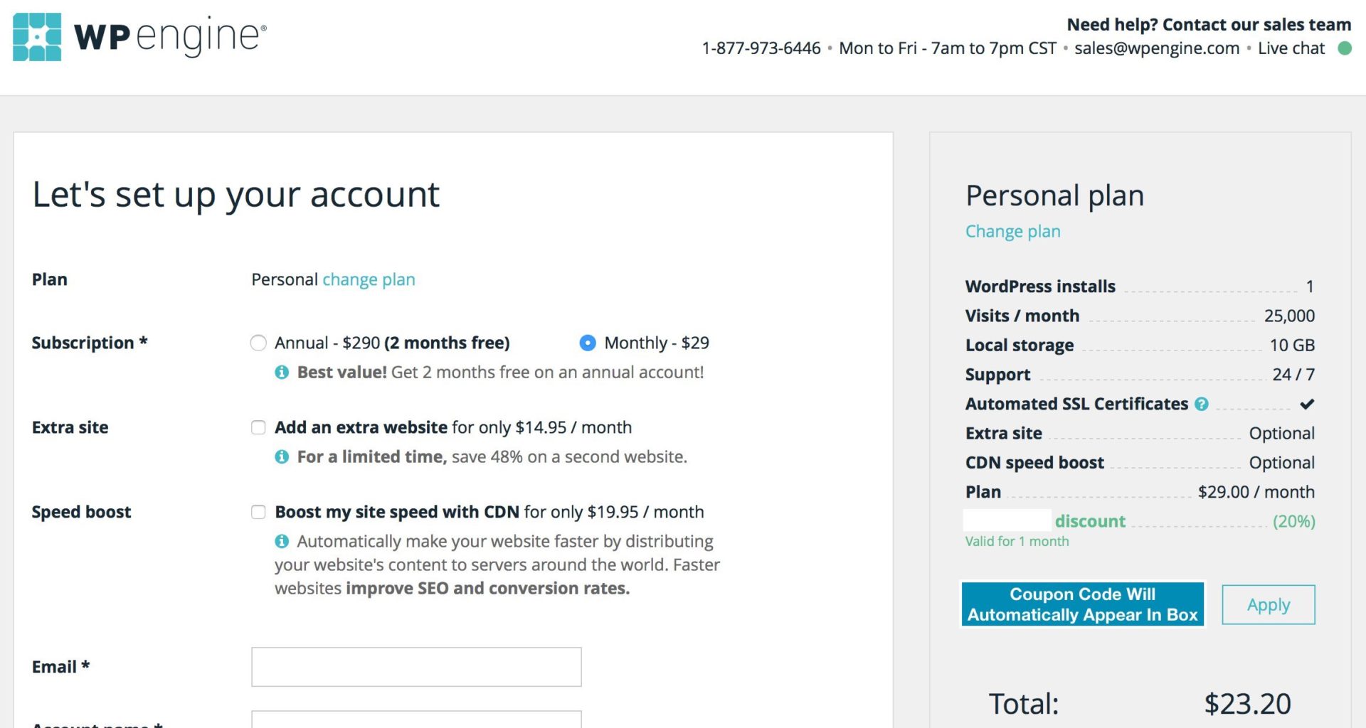wp engine set up your account coupon code automatically entered