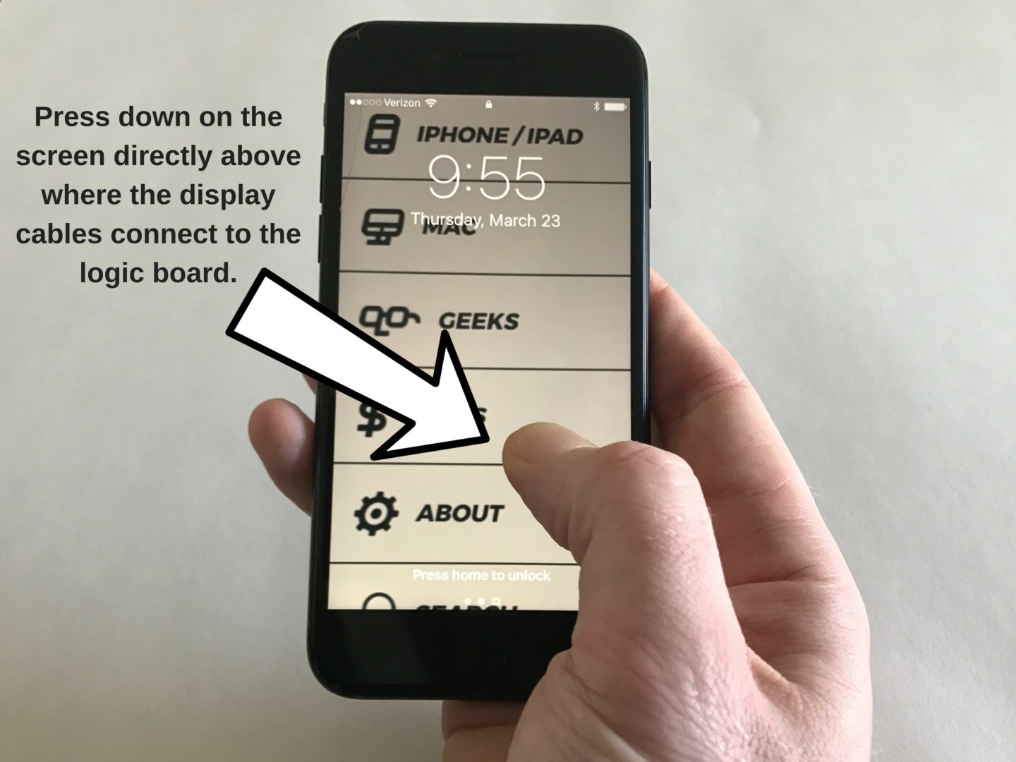 press down on screen above logic board connecting cables