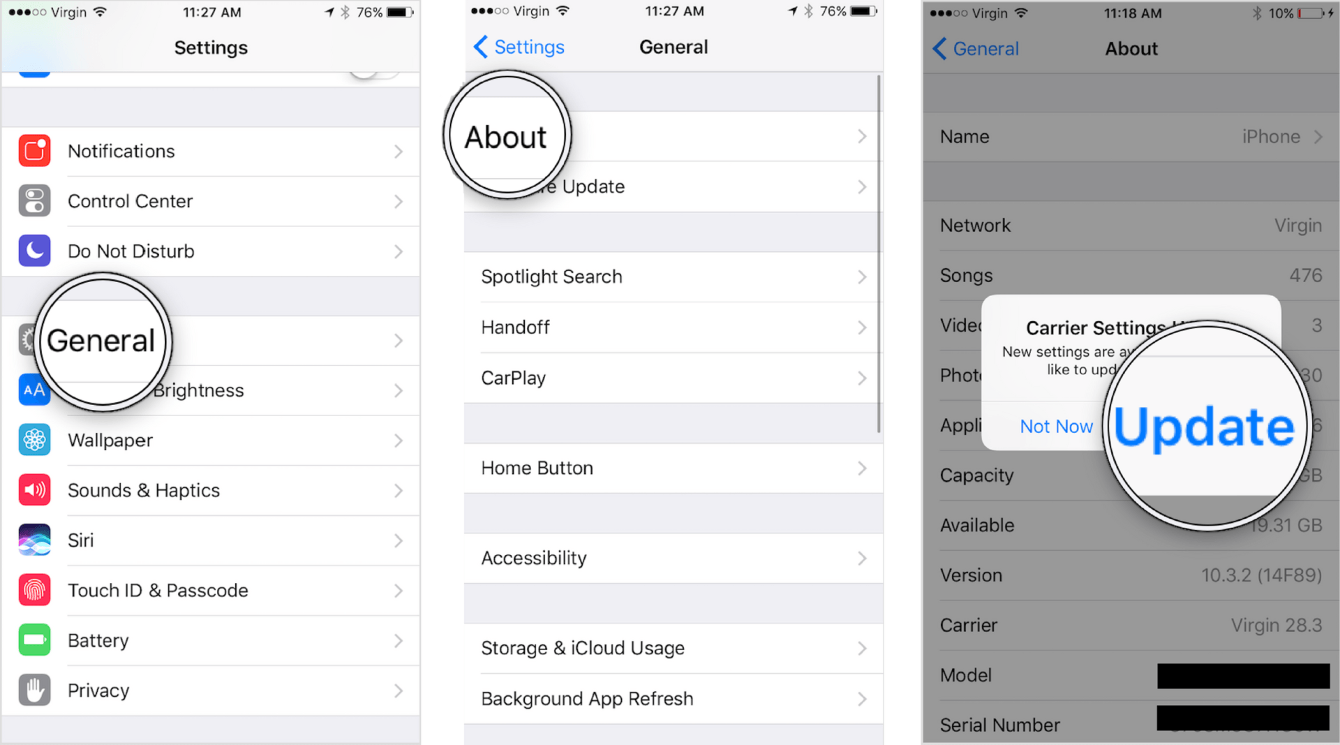 check for carrier settings update on iphone