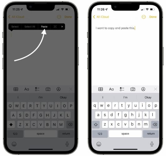 paste copied text on iphone