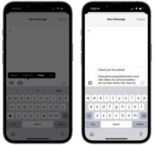 paste url in messages app