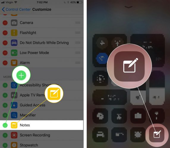 add notes to control center on iphone