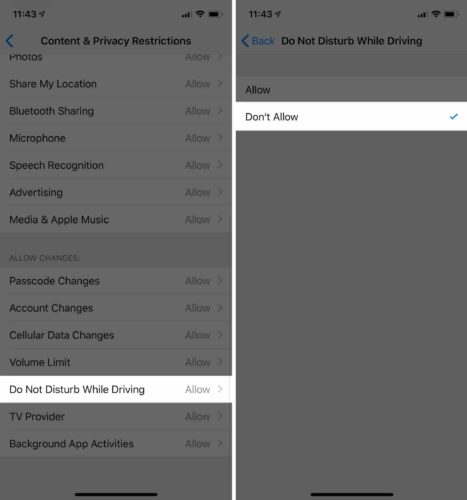 dont allow changes dnd while driving ios 12