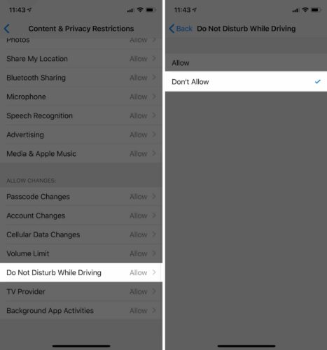 dont allow changes dnd while driving ios 12