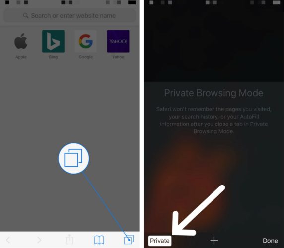 enter private browser safari iphone ipad