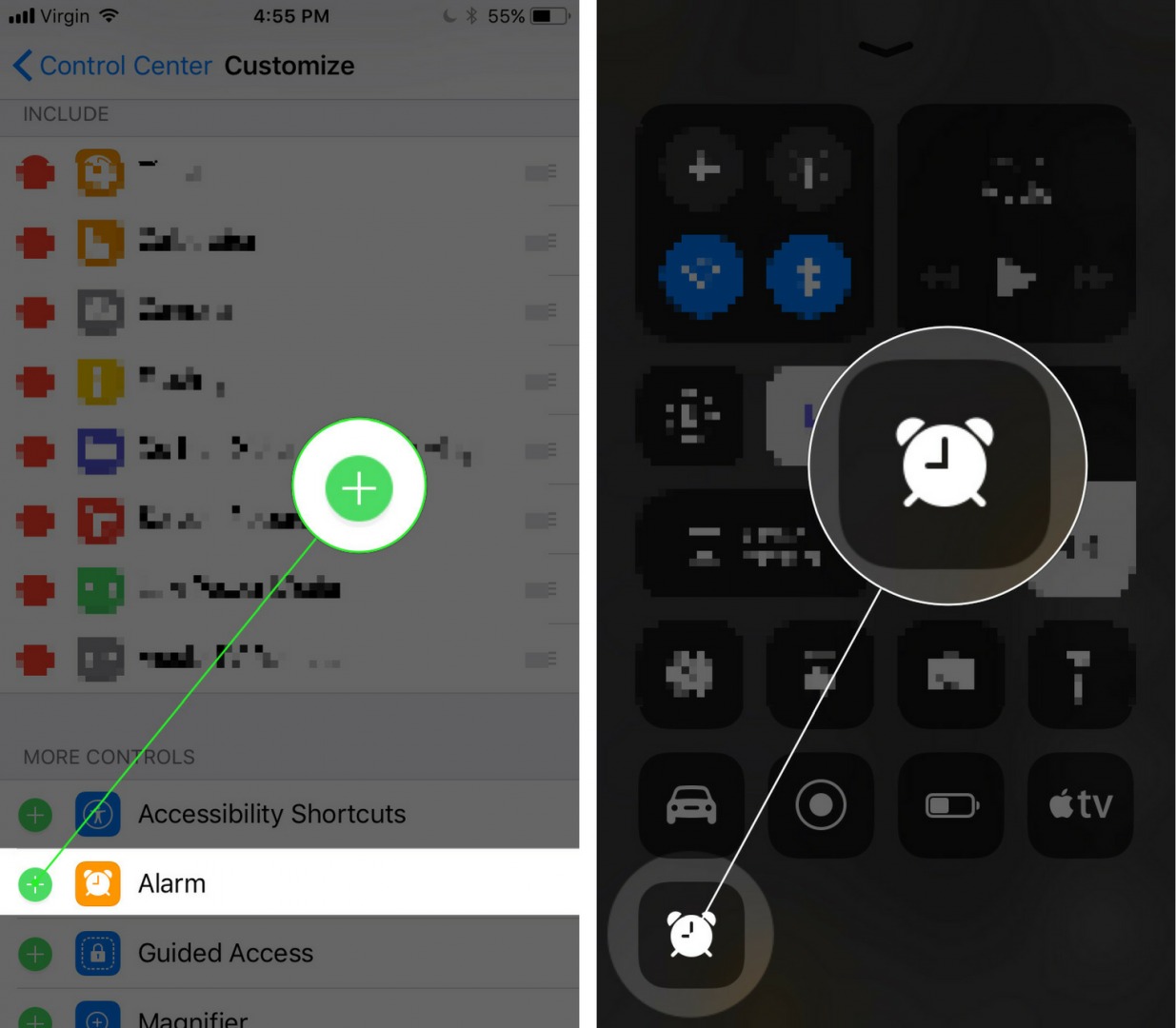 how to add alarm to control center on iphone