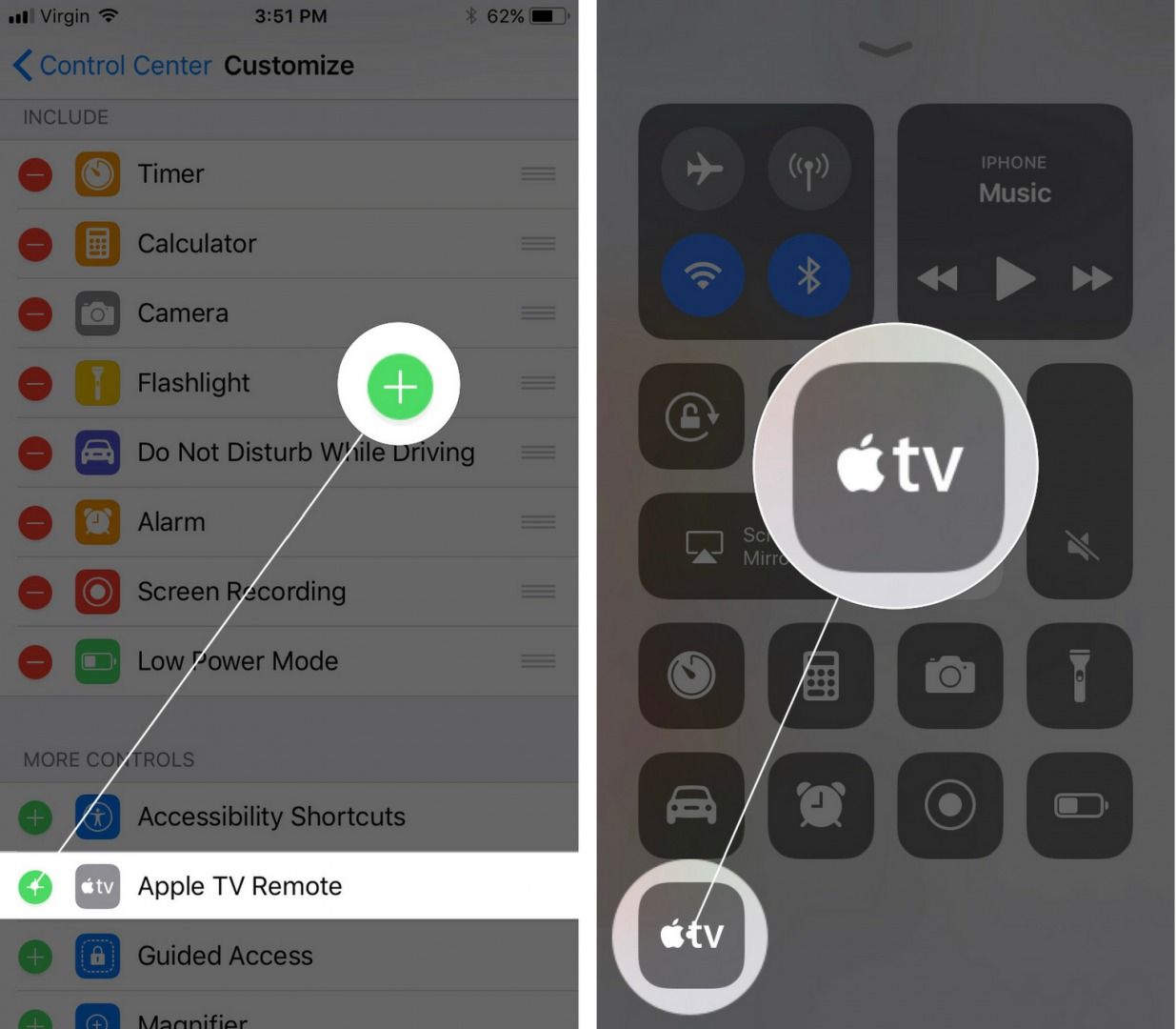 how to add apple tv remote to control center iphone