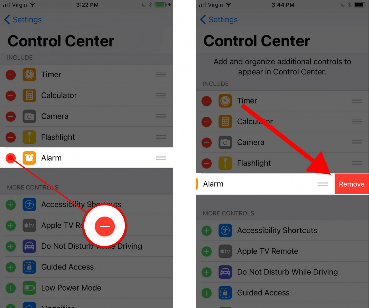 remove control from control center