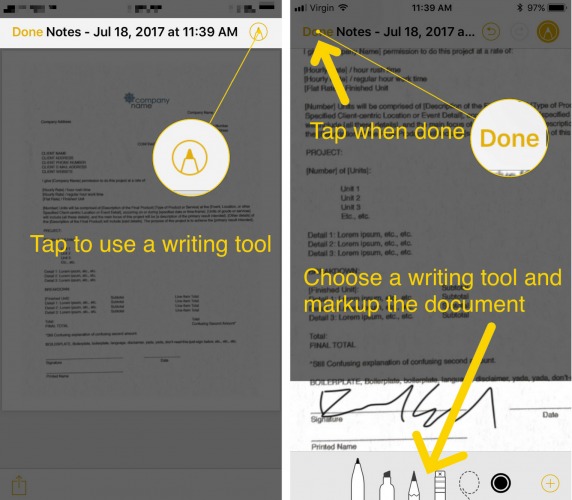 how to write on scanned iphone document