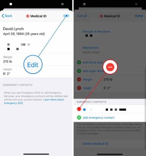 remove emergency contact ios 13
