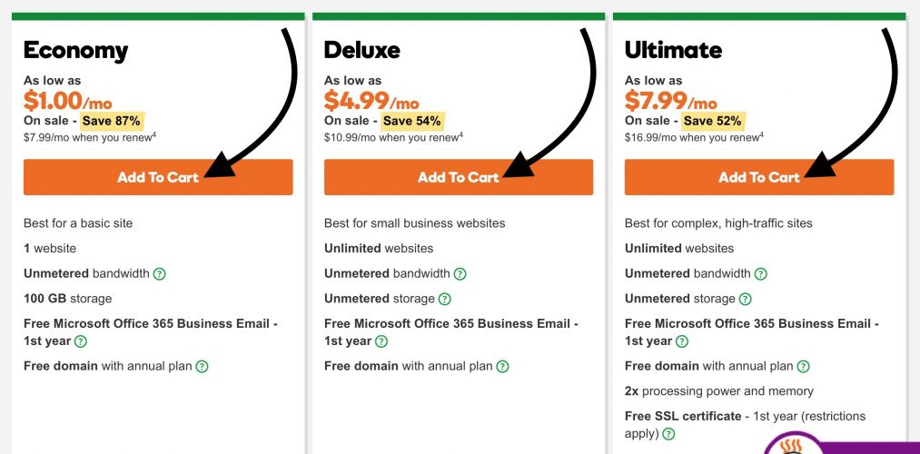 choose godaddy hosting plan add to cart