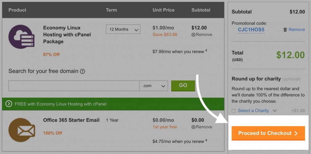 click proceed to checkout on godaddy page