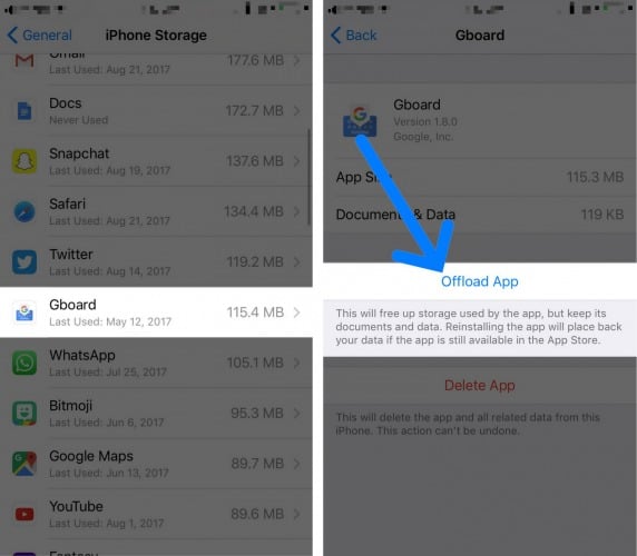 offload individual apps on iphone