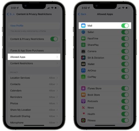 turn on mail in allowed apps