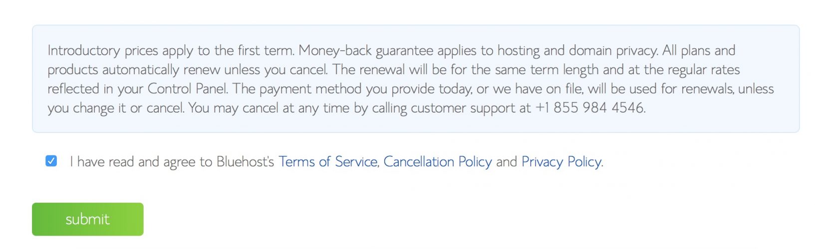 agree to bluehost tos and click submit