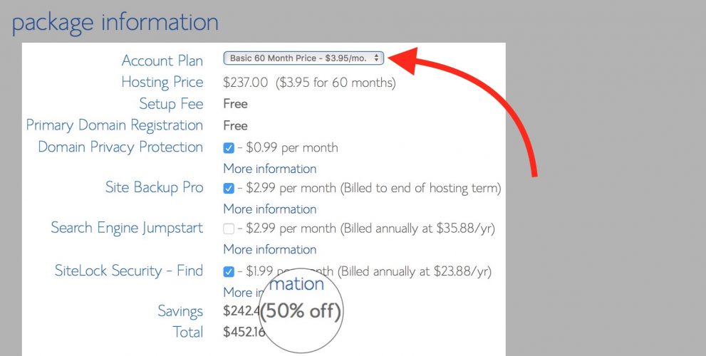 choose account plan bluehost