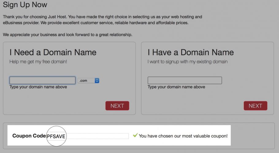 enter justhost coupon code