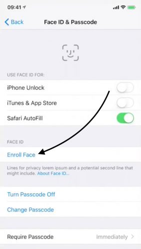 Enroll Face in Face ID Settings