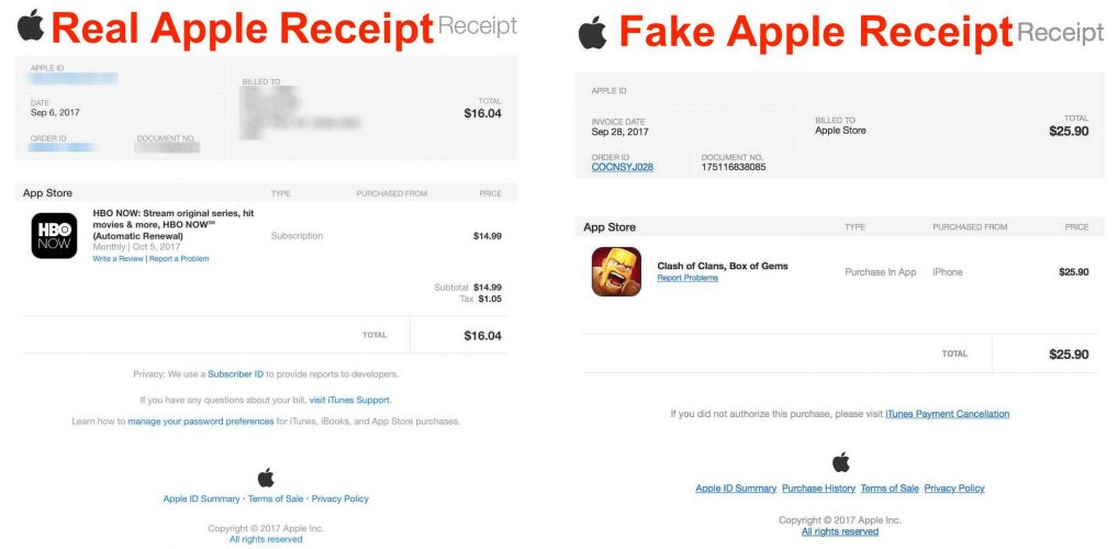 fake apple receipt vs real apple receipt