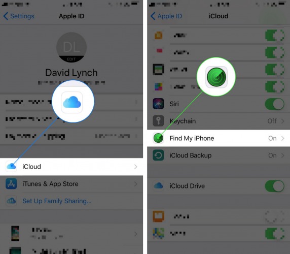 tap find my iphone settings app