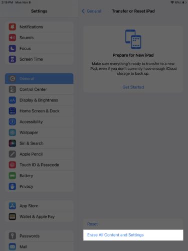 erase all content and settings ipados 15