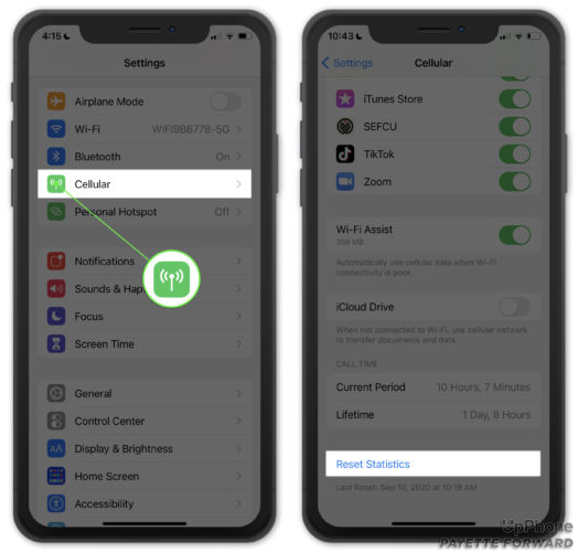 reset cellular statistics on iphone