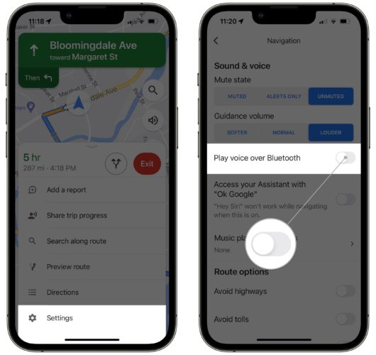 turn off play voice over bluetooth in google maps on iphone