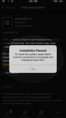 watchOS update installation paused