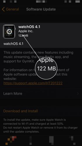 comprobar el tamaño de la actualización de watchos