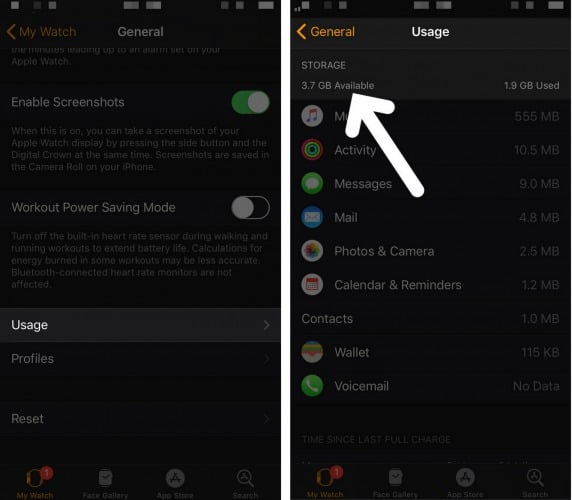 check storage space on apple watch