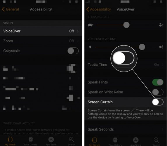 turn off screen curtain on apple watch