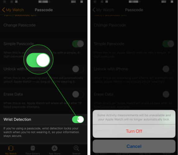 turn off wrist detection in iphone watch app