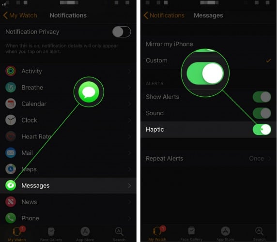 turn on haptic notifications for apple watch