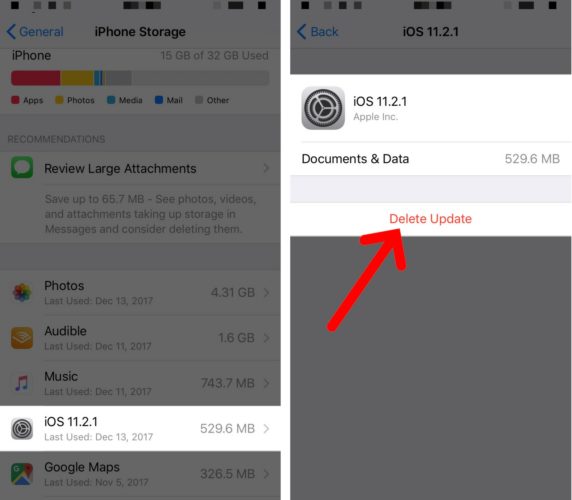 eliminar la actualización de software en iphone