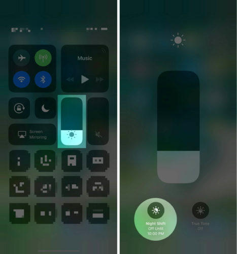 turn off night shift iphone x control center