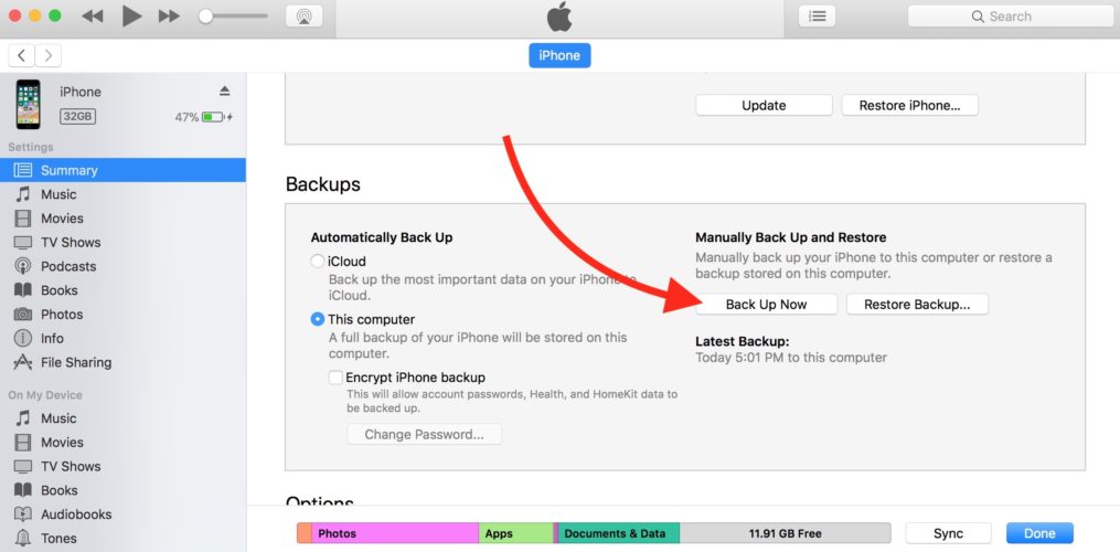 back up now itunes