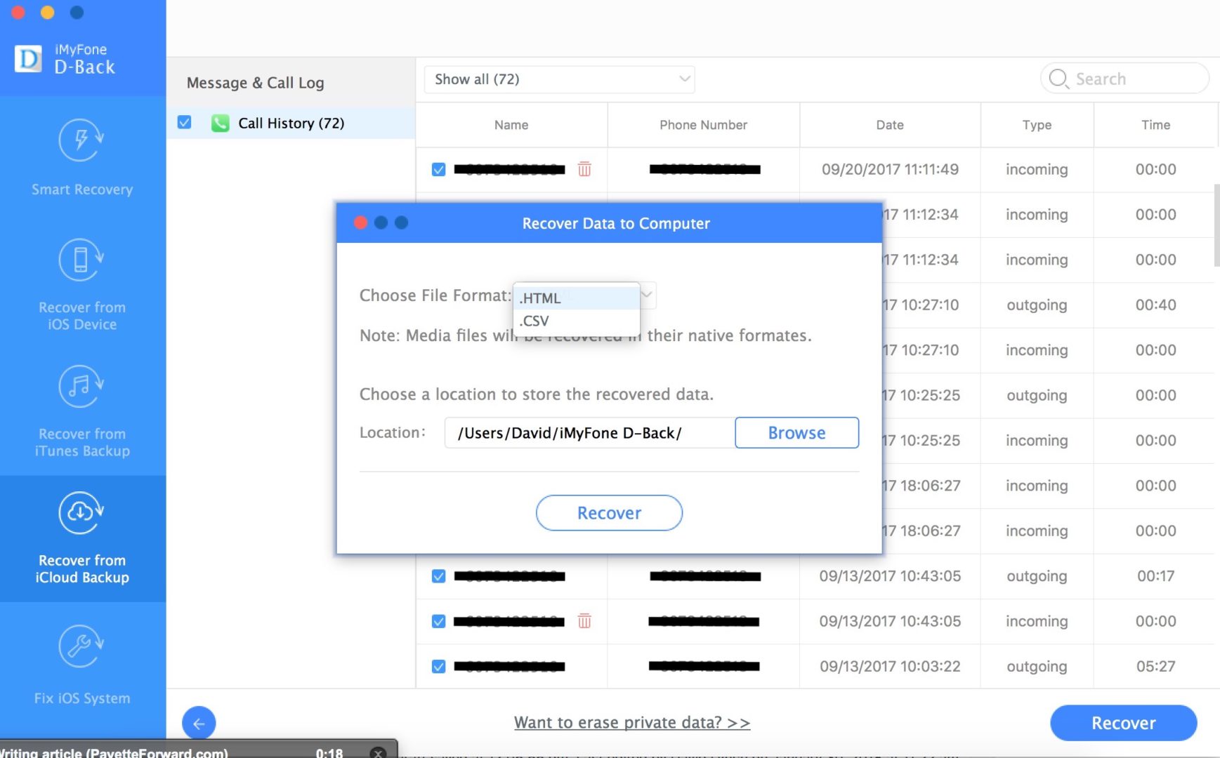 icloud backup recover html or csv file