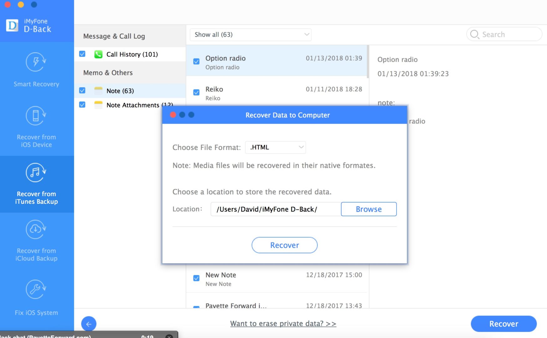 recover data from itunes backup csv or html