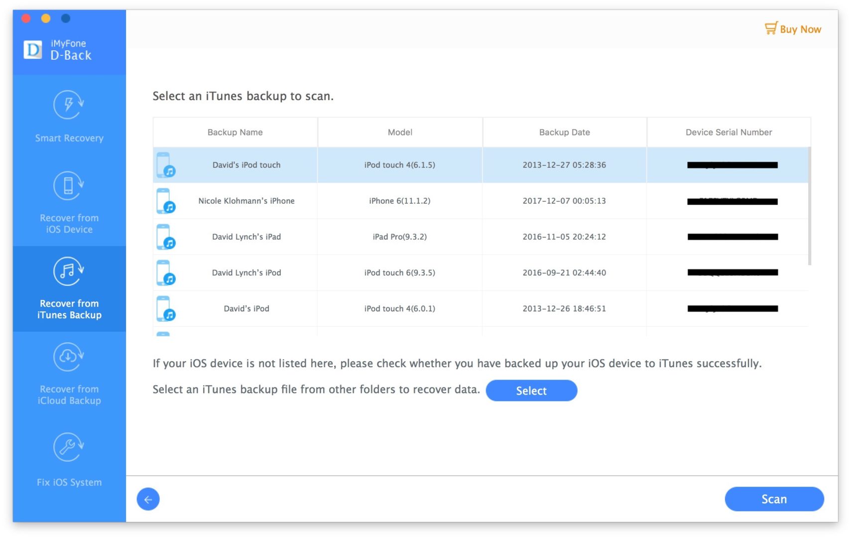 select itunes backup to scan