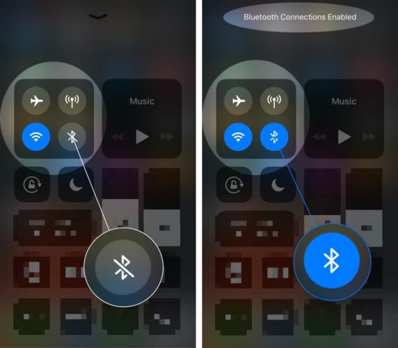 enable bluetooth connections iphone control center